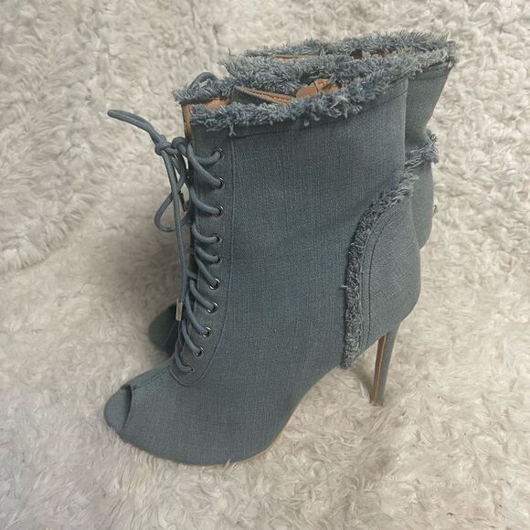Bella Marie Frayed Denim Peep Toe Lace Up Stiletto Ankle Boots side zipper SZ10 - Picture 4 of 15